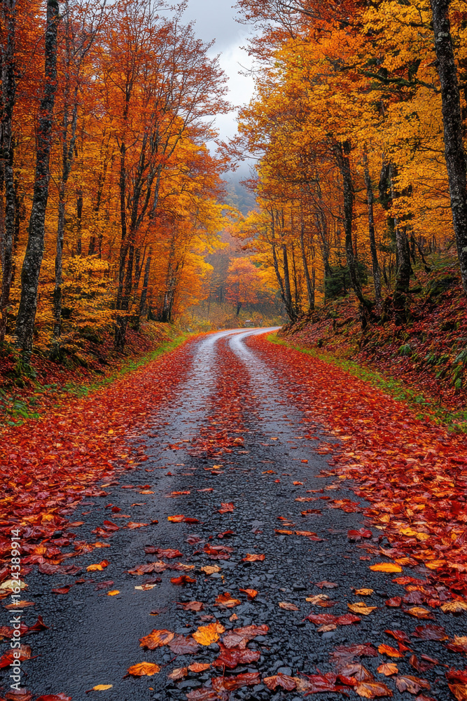 Fototapeta premium Leaves scattered on road leading into forest.