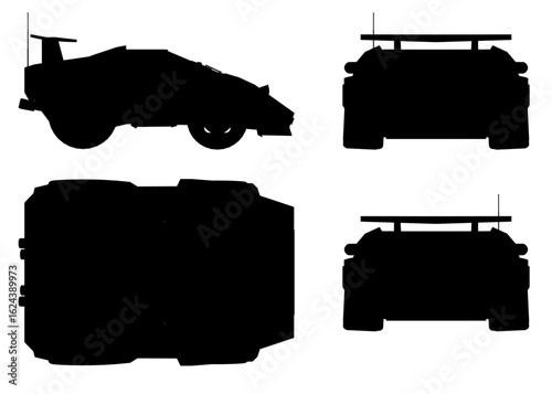 Four black car silhouettes stand out sharply against a clean white background. The low poly design creates a modern geometric aesthetic. Simple yet striking contrast emphasizes the vehicles' outlines.