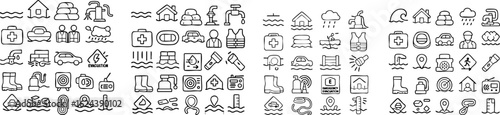 Flood Emergency Evacuation HandDrawn Icons Set.