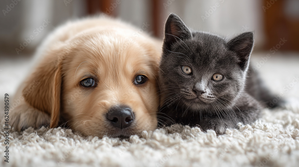 © nhannan - ai adorable puppy and kitten snuggling together on a cozy carpet in a warm living room setting