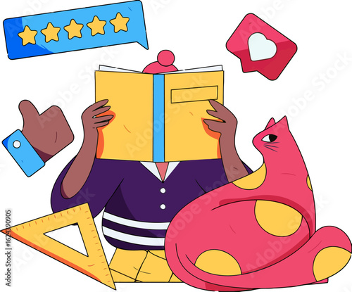 Immerse yourself in learning and connect with your education through books, reviews, and a comfortable study buddy in this inviting design promoting academic success and relaxed study habits