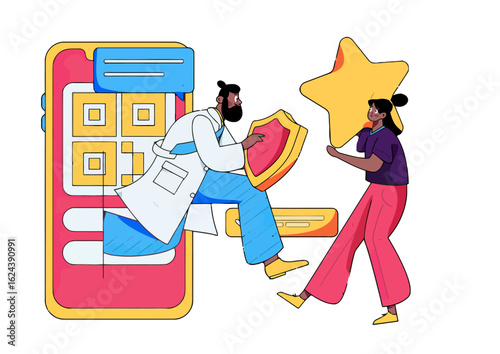 Doctor Protecting Health Information on App with Security Shield as User Gives Five Star Rating for Care Quality, Promoting Trust and Data Safety in Telemedicine and Online Healthcare Services