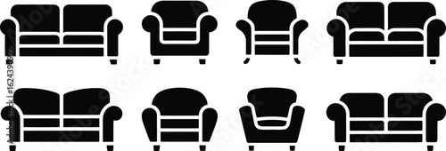 Collection of various armchair and sofa silhouettes on a white background