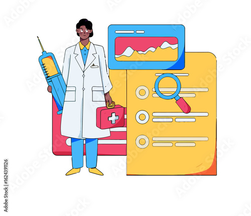 Dedicated doctor holding vaccine injection and first aid kit standing confidently next to patient record and medical chart, showcasing healthcare expertise and commitment to patient well being