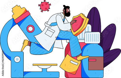 Brave doctor holding up a shield, working on a cure for a novel virus in a dynamic laboratory setting, seeking to eradicate disease and protect public health, symbolizing hope and scientific progress