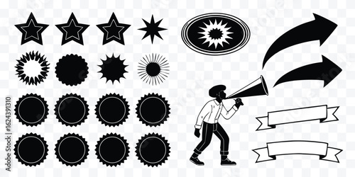 Dynamic Black and White Vector Illustration Featuring Stars Sunbursts and a Promoter with a Megaphone Announcing a Message