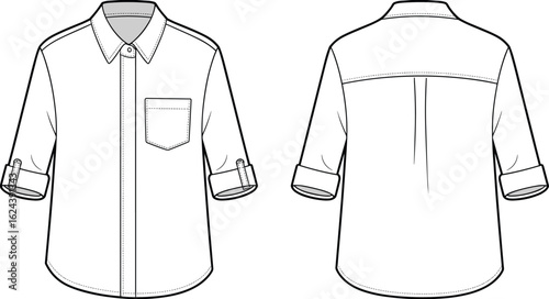 cad drawing flat vector illustration, button up casual shirt template, technical fashion sketch, roll up sleeves, front pocket detail