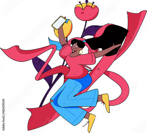 Joyful woman jumping with phone surrounded by whimsical flowers and flowing ribbon, celebrating success and happiness in a modern, vibrant style that radiates positivity and energy