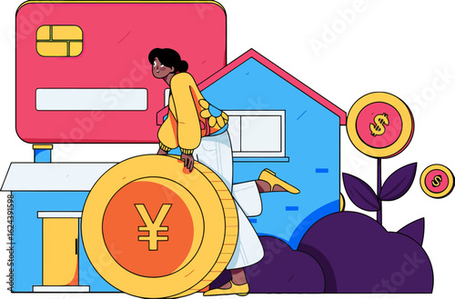 Empowered woman achieving financial goals, investing in property with credit card and Yuan, envisioning wealth and prosperity, securing future with smart finance, celebrating success and planning for 