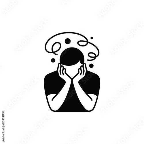 Person with hands on face surrounded by swirling lines and dots representing confusion or stress