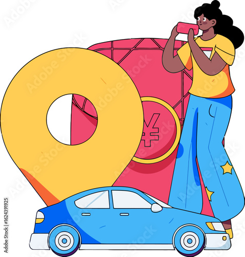Modern transportation app concept featuring a blue car, location pin, and digital currency symbol, perfect for ride-sharing, travel, or financial technology marketing campaigns, alluding to easy mobil