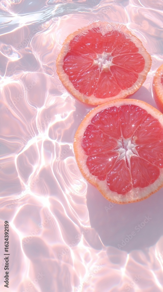 Fototapeta premium Fresh pink grapefruit slices floating on shimmering water surface, creating a vibrant and refreshing visual, ideal for health and wellness themes, summer vibes, and culinary inspiration