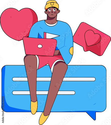 Young social media influencer engaging with online community, sitting atop vibrant message bubble, laptop in hand, creating content and connecting with followers, digital lifestyle, modern communicati