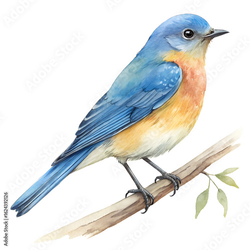 A watercolor painting of a blue bird with a plain transparent background. Design illustration.