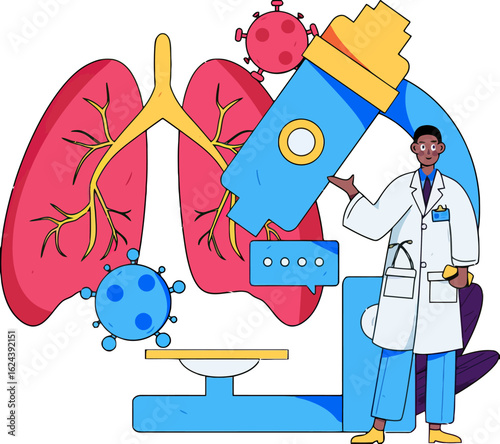Dedicated doctor analyzing lung infection with microscope, researching viral diseases, offering hope and medical solutions, advancing healthcare, and inspiring confidence in scientific progress