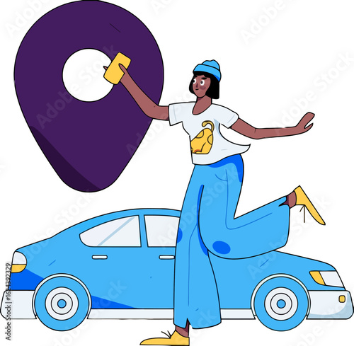 Effortless navigation with a location app and modern car illustration, perfect for travel guides, mapping services, and transportation apps, offering convenience and adventure, designed for easy integ