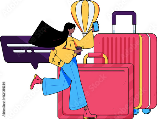 Stylish traveler with luggage and hot air balloon planning her next adventure, checking her phone for travel updates, ready for a fun journey, dreaming of exploration and new experiences