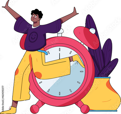 Energetic person embracing the day with arms outstretched, celebrating morning success and vitality, exuding youthful enthusiasm and optimism against the backdrop of a stylish alarm clock