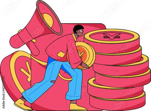 Dynamic illustration of a man carrying a yen coin near a megaphone, promoting financial success, investment opportunities, and wealth accumulation in a modern, vibrant style, great for business market