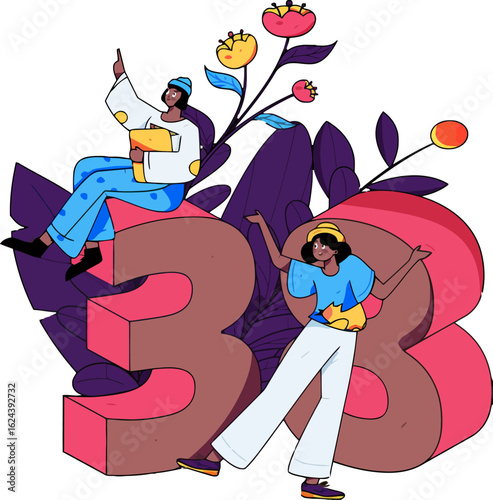 Celebrate a 38th birthday with joy and style featuring vibrant flowers and enthusiastic figures, perfect for social media marketing and birthday promotions, a digitally illustrated design