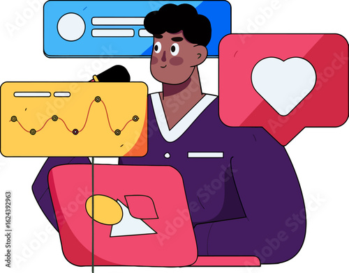 Engaging cartoon man analyzes data on laptop, tracking trends and social media engagement for business growth, visualizing success and optimizing online presence with insightful analytics