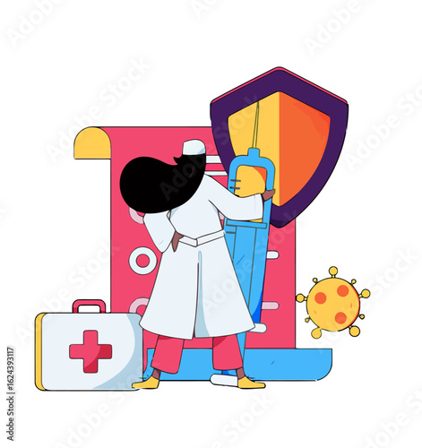 Protect yourself with expert healthcare and vaccinations, represented by a doctor with a shield, syringe, and medical kit ready to fight against viruses and diseases with effective treatment