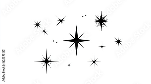 Celestial Brilliance: A captivating arrangement of stars with unique designs radiates against a dark background, portraying a sense of cosmic beauty. 