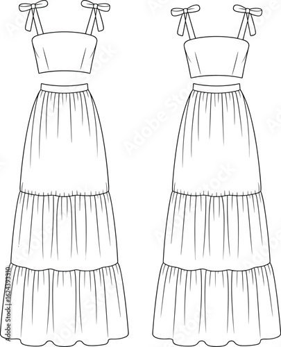 cad drawing flat vector illustration, tiered maxi dress, tie strap top, fashion sketch, front back technical design, clothing template