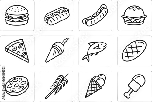 Fast Food and Snacks Collection,Collection of black line art icons,Stroke icons for fast food,Set of food,Modern minimal flat design elements,hand drawn vector set of pizza,Simple black outline icons