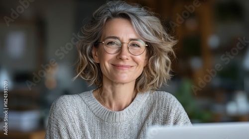 Confident mature woman with gray hair and glasses smiling warmly while working on a laptop in a cozy indoor setting