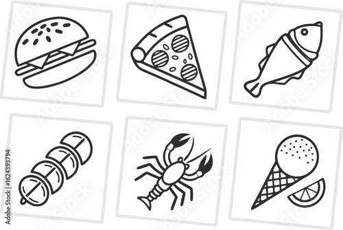 Fast Food and Snacks Collection,Collection of black line art icons,Stroke icons for fast food,Set of food,Modern minimal flat design elements,hand drawn vector set of pizza,Simple black outline icons