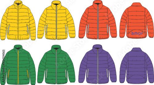 cad drawing flat vector illustration, colorful puffer jackets front back view, winter outerwear fashion design, technical sketch, zipper detail