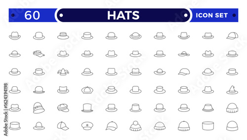 Stylish outline icon set featuring unique hats: beanies, fedoras, caps, sunhats & more. Perfect for fashion apps, branding, print, and web. Clean, minimal, and fully scalable.