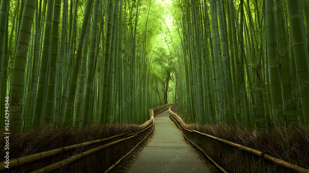 Obraz premium Tranquil Journey Through a Serene Bamboo Forest Pathway: A Gateway to Nature's Refreshing Green Escape and Meditative Adventure
