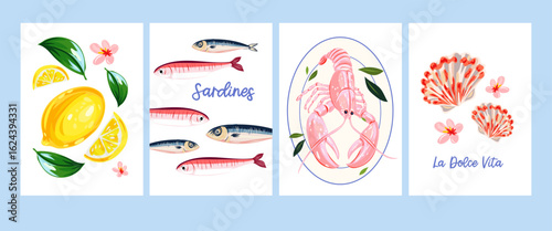 Set of Italian Mediterranean cards featuring hand-drawn lobster, sardines, lemons, and flowers. Ideal for summer-themed posters, greeting cards, kitchen decor, and branding inspired by the coastal 