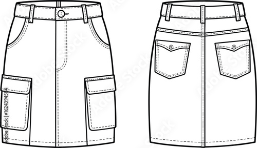 cad drawing flat vector illustration, women’s cargo skirt front back view, fashion technical sketch, utility pockets, waistband, belt loops, pocket flap design