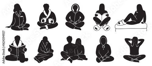Silhouettes of people in relaxed poses wearing pajamas robes and hoodies sitting and reading on white background