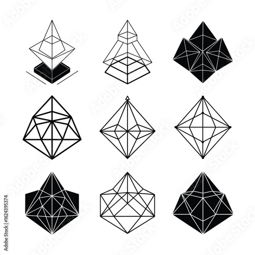 Crystalline Wireframe Geometric Shapes Collection