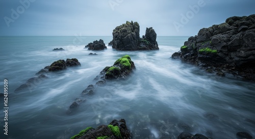 A long exposure of rocks in a misty sea.

