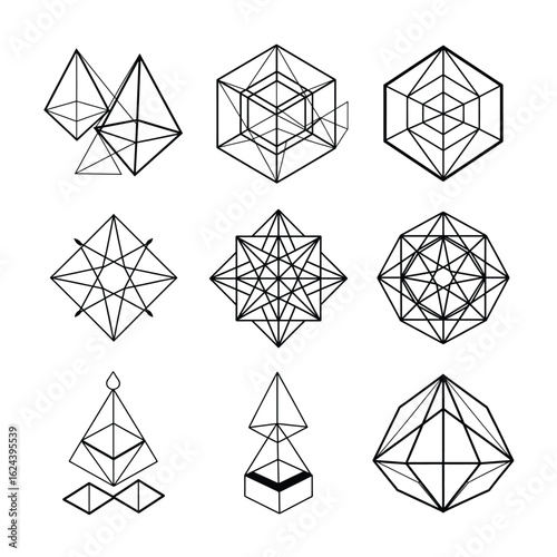 Crystalline Wireframe Geometric Shapes Collection