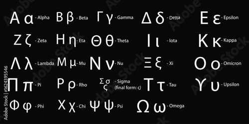 Greek alphabet vector set, Font with black and white Greek alphabet vector illustration set