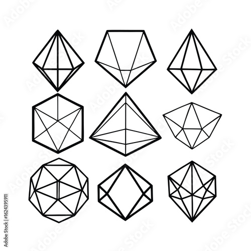 Crystalline Wireframe Geometric Shapes Collection