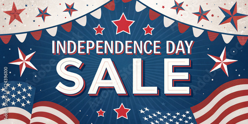 Patriotic Independence Day Sale: A vibrant Independence Day sale banner with patriotic elements, featuring the American flag and star decorations, ideal for promoting festive offers.