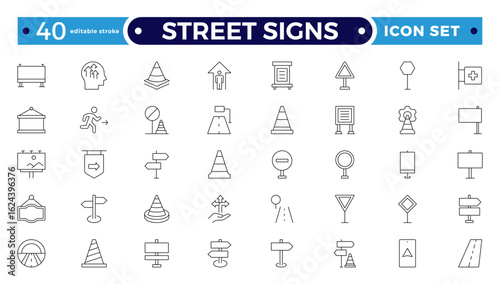 Street signs outline icon set. Guidance line icon set. Contains icons related to guidance, direction, and more. Editable stroke outline icon.
