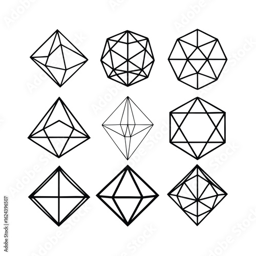 Crystalline Wireframe Geometric Shapes Collection