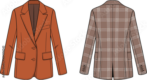 Cad drawing flat vector illustration of classic women’s plaid back blazer jacket, front and back view, tailored fashion design