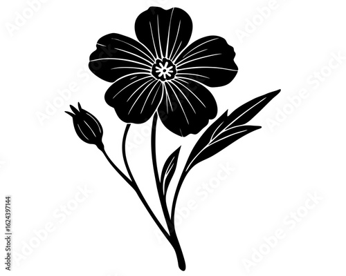 Black and white silhouette of a single flower with petals, a bud, and leaves, isolated on white background