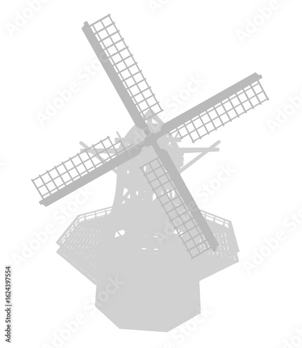 Black windmill silhouette stands prominently against a clean white background, featuring sharp contrast and minimalist design. The detailed blades and structure create a striking graphic element.