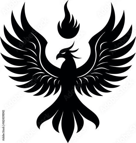 Phoenix with flame wings rising in sun pose in bold black silhouette design