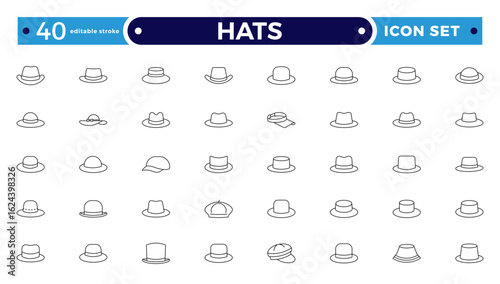 Stylish outline icon set featuring unique hats: beanies, fedoras, caps, sunhats & more. Perfect for fashion apps, branding, print, and web. Clean, minimal. Editable stroke outline icon.